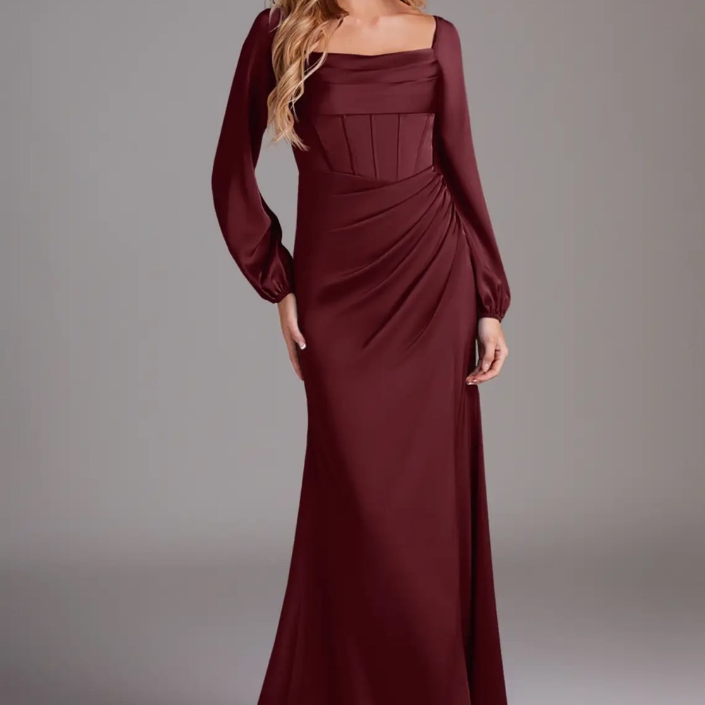 Azazie Long Sleeve Burgundy Satin Evening Gown - Picture 3 of 4